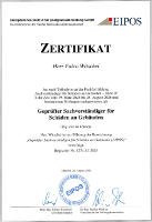 Zertifikat: Geprüfter Sachverständiger für Schäden an Gebäuden, ausgestellt von EIPOS