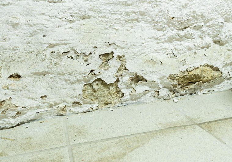 Bausachverständiger misst mit einem Feuchtemessgerät die Wandfeuchte an einer Schimmelstelle