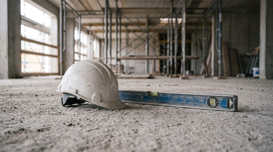KI-generierter Platzhalter: Bauhelm und Wasserwaage auf einer Betondecke im Rohbau