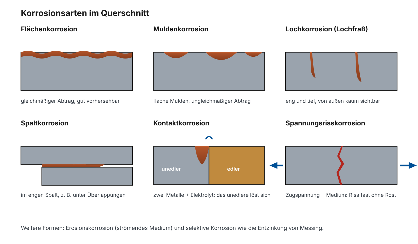 Schemaskizze der wichtigsten Korrosionsarten im Querschnitt: Flächen-, Mulden-, Loch-, Spalt-, Kontakt- und Spannungsrisskorrosion
