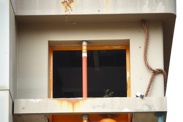 Rostfahnen an einer Betonfassade unterhalb einer Brüstung