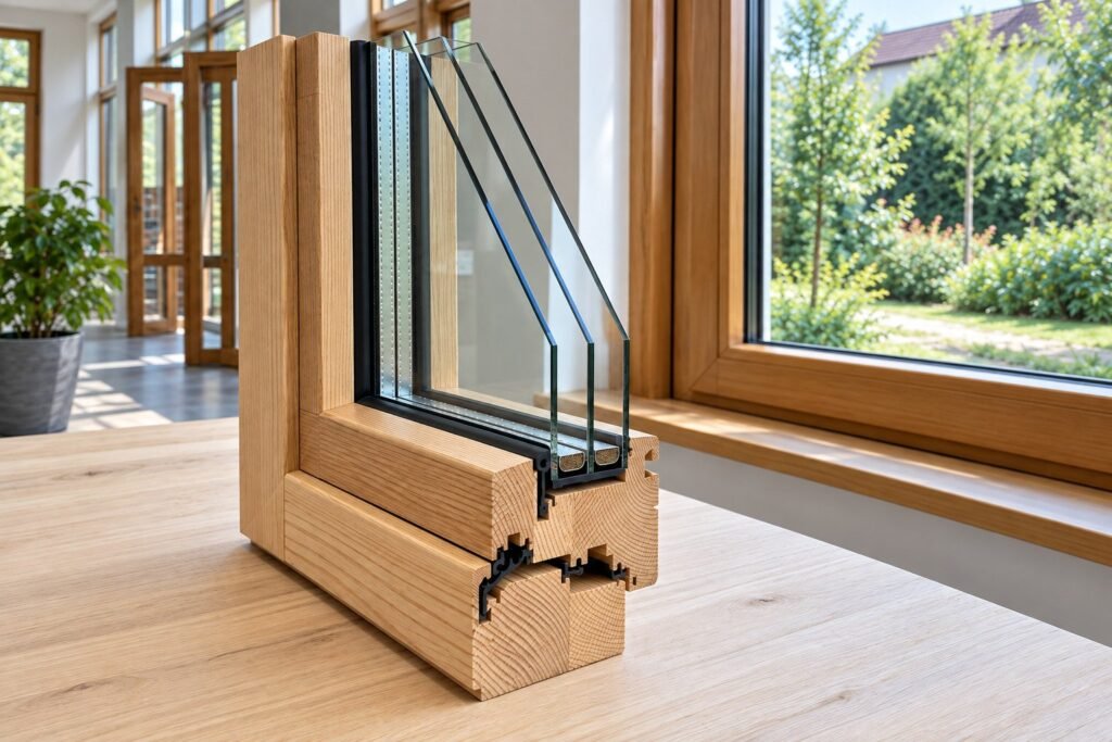 KI-generiertes Symbolbild: Schnittmodell eines Holzfensterprofils mit Mehrfachverglasung