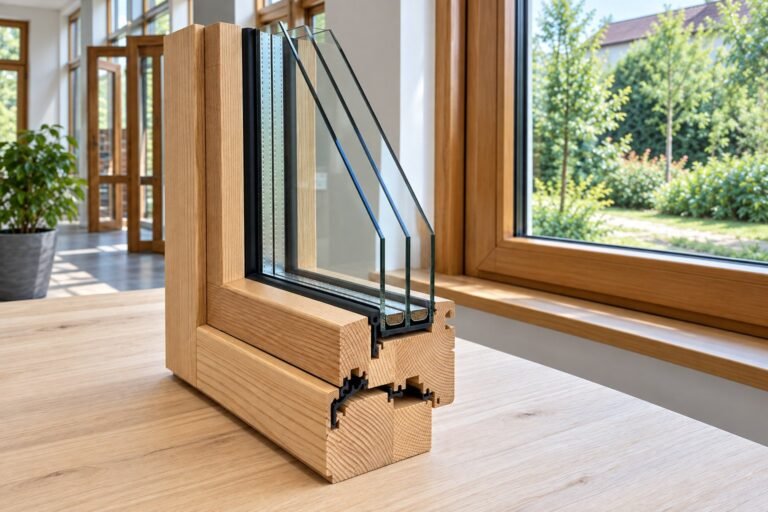 KI-generiertes Symbolbild: Schnittmodell eines Holzfensterprofils mit Mehrfachverglasung