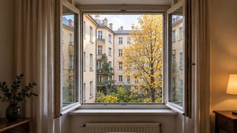 KI-generiertes Symbolbild: Weit geöffnetes Fenster mit Blick in einen begrünten Innenhof