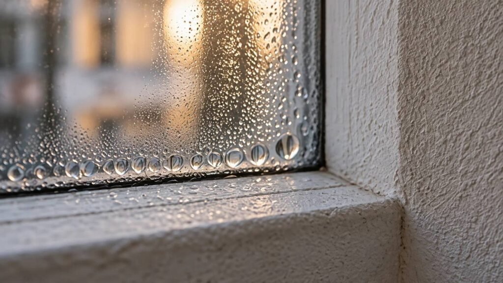 KI-generiertes Symbolbild: Kondenswassertropfen an einer Fensterscheibe neben der Laibung