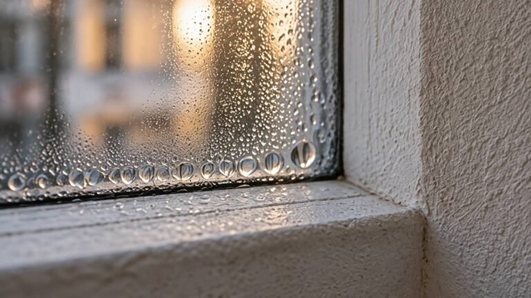 KI-generiertes Symbolbild: Kondenswassertropfen an einer Fensterscheibe neben der Laibung